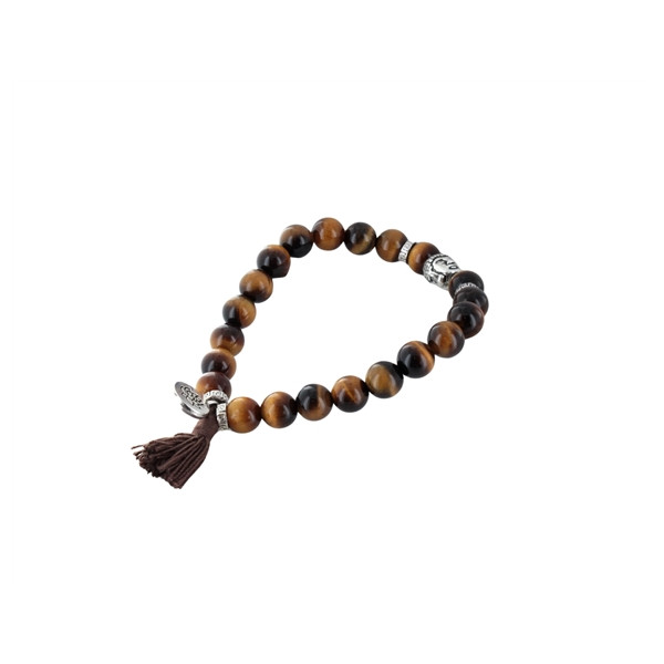 Bracelet Oeil de Tigre Perles rondes 8 mm Pompon et Lotus