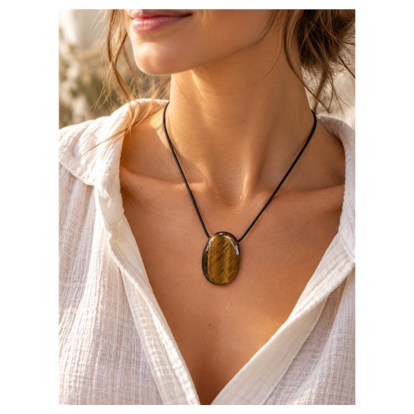 Collier Oeil de Tigre Pierre ovale percée Cordon noir
