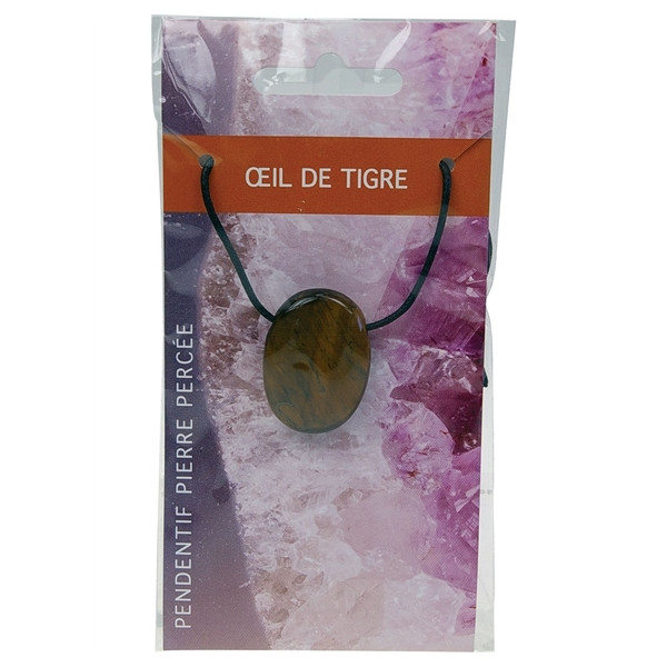 Collier Oeil de Tigre Pierre ovale percée Cordon noir