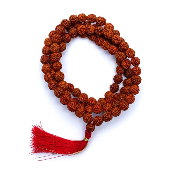 Mala Rudraksha 108 grains + floche rouge -- 0.8 cm
