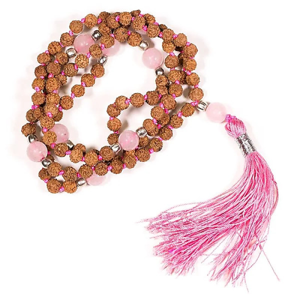 Mala Rudraksha et Quartzrose avec gland -- 0.5 cm