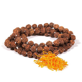 Mala Rudraksha 108 grains avec houpe orange -- 0.8 cm